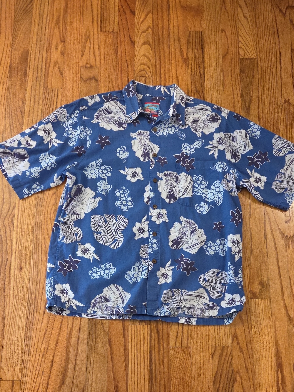 Vtg reyn spooner Navy Blue Hawaiian Floral Short-Sleeve Button-Up Size: L